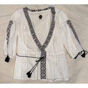Free People Top Women's XS Sheer Embroidered Peasant Boho Tassel Cottage